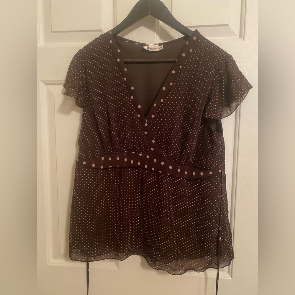 dressbarn Brown Polka Dot Flutter Sleeve Blouse